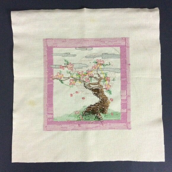 Asian Cherry Blossom Tree Finished Counted Cross Stitch On Canvas - Picture 3 of 5